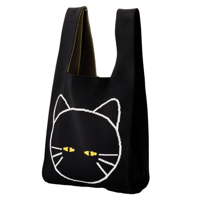 Knitted Tote Bag Cat Design 26 x 46 cm (Black)