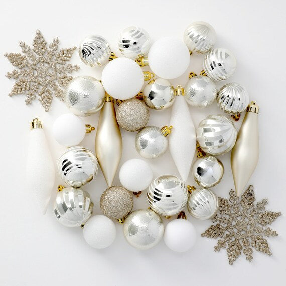 CHRISTMAS ORNAMENTS 30P WHITE&GOLD MIX n2ST